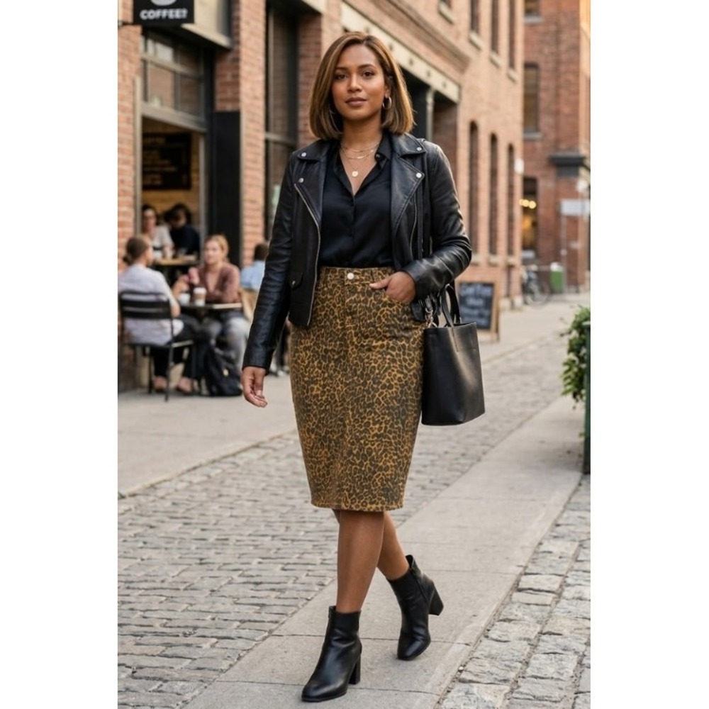 Leopard Print Denim Pencil Skirt Womens 28 Tan Black High Waist‎ Stretch